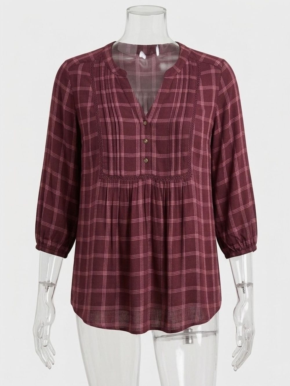 Wrangler Burgundy Plaid Split-Neck Peasant Blouse XS